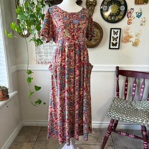 Vtg 90s Sz L 12/14 Maxi Cottage Prairie Dress Floral Tie Back Western Librarian
